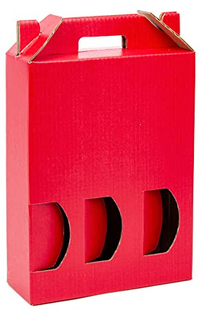 Packung 10 Boxen aus Karton für 3 Flaschen Wein, Sekt, Champagner oder Likör rot, selbstmontierendes Modell mit Fenster für sehr originelle Flaschenverpackung.