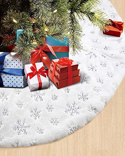 Maxesla Copri Base Albero Natale con Argento Paillettes, 90cm Tappeto Albero di Natale, Gonna Albero di Natale Bianca di Pelliccia Bianco Tappeto Albero da Letto Soggiorno Hotel, Base Albero Natale