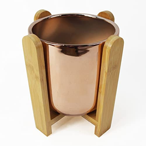 Leaf Macetas de cerámica, Soporte de Madera Dorada, 15 cm