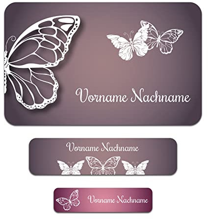 50 x personalisierte Namensaufkleber Sticker mit Wunschname Klebeetiketten zum Markieren Stifte Hefte mit Kinder Name Schule Kindergarten Aufkleber Set (16 Schmetterling)