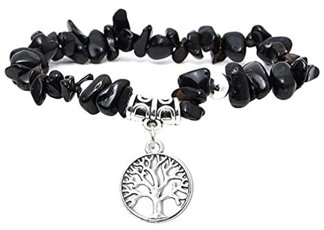 Manfnee Bracelet à Breloque d'arbre de vie Pierre Noire Naturelle Irrégulière Yoga Femme Elastique