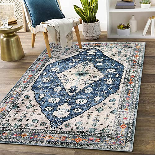 KIMODE Boho Teppich, 90 x 150cm Waschbar Kurzflor für Wohnzimmer, Schlafzimmer, Esszimmer - Weiche Rutschfest Kunstwolle Orientalisch für Küche - Blau