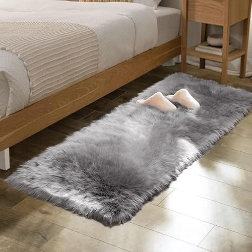 ORINOVA Bettvorleger Läufer Grau Flauschig 60x180 cm Kunstfell Teppich Schlafzimmer Fellteppich Kuschel Weich Wohnzimmer Waschbar