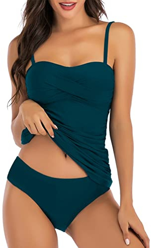 Yutdeng Bañador Mujer Dos Piezas Tankini Push Up Relleno Traje de Baño Reductor Plisado Tankini con Aros y Tirantes Desmontables Bikini Bandeau sin Espalda Braga de Swimwear Triángulo