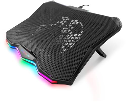 DeepGaming Base Refrigeradora Portátil hasta 17.3, Ventilador Silencioso con Control de Velocidad, Soporte con Atril Ajustable en 7 Posiciones, LED Rainbow, Hub USB de 2 Puertos
