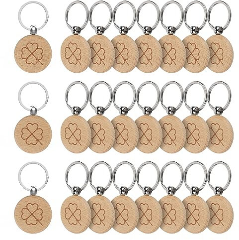 efuturetime 24PCS Glücksbringer Schlüsselanhänger Kleeblatt Holz aus Laserbedruckt Schlüssel Anhänger für Dekoration Geschenke Abschiedsgeschenk, Rund