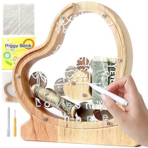 Lakpopya Hucha de Madera para Infantil Hucha Cerdito Personalizada de A-Z Hucha Billetes Transparente para Regalo Decoración Bautizo (Corazón-1)