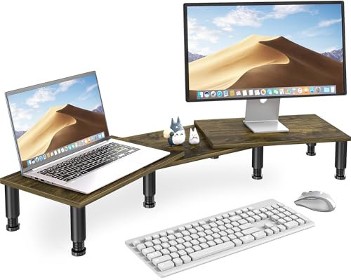 Dual Monitor Stand Riser, Monitor Stand with Adjustable Height Steel leg, Wood Monitor Stand for Desk, Monitor Riser for 2 Monitors with Storage Space