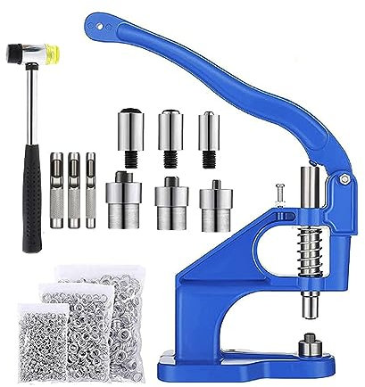 HYEIOL Lot de pinces à œillets pour bâches avec marteau, 3 matrices de découpe interchangeables (6/10/12 mm) et 1500 œillets, presse à œillets en métal pour bricolage, cuir, tissu, rideaux, riveaux,