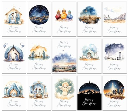 30 tarjetas religiosas de Navidad con 15 diseños diferentes y 30 sobres de papel kraft marrón hechos de papel reciclado