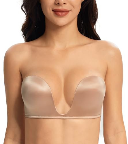 Lemorosy Damen Trägerloser BH Push Up mit Bügel Komfort Gepolstert Rückenfrei Bra mit Abnehmbare Träger(Beige,90C)