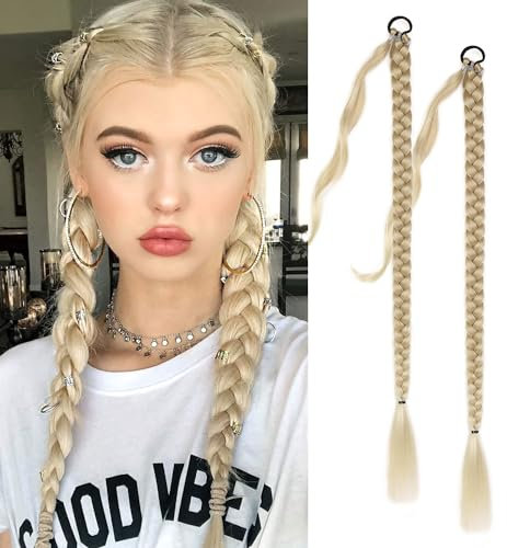 Fulang Hair 2PCS Braid Ponytail Extension Zopf mit Haargummi Haarteil zum Einflechten Lang Ponytail Kunsthaar für Frauen Geflochtener Haarteil (verblasstes Gold)