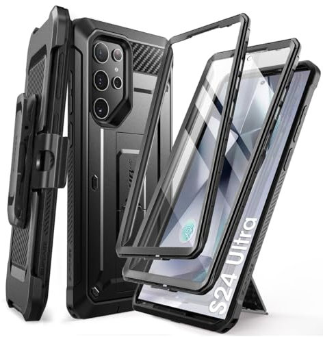 SUPCASE Custodia per Samsung Galaxy S24 Ultra 5G (2024), con Pellicola Protettiva, Cavalletto, Clip da Cintura [Telaio Anteriore Extra] Robusta Protezione Antiurto (2 Fronti) (Nero)