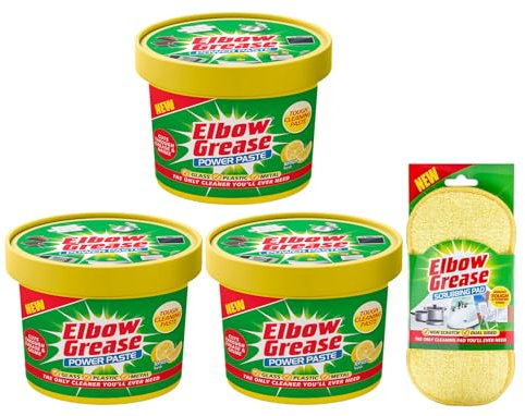 3X Elbow Grease All Purpose Power Paste, 3X 350 G – Powerful Cleaning Formula for Kitchen, Bathroom, Multi- Surfaces - with Elbow Grease Scrubbing Pad