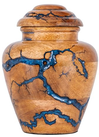 Small Keepsake Urn for Human Ashes Adult - Handcrafted Wooden Mini (20 Cubic Inches) - Blue Decorative Memorial Cremation for Men & Women - For Sharing Ashes