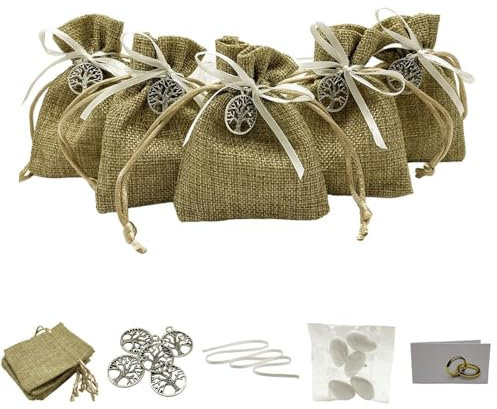 Doni Bomboniere Set Matrimonio 20 Sacchettini per Confetti in Juta Avana 20 Applicazioni Albero della Vita 20 Bigliettini Personalizzabili 20 Bustine Confetti MAXTRIS Bianco al Cioccolato Gadget