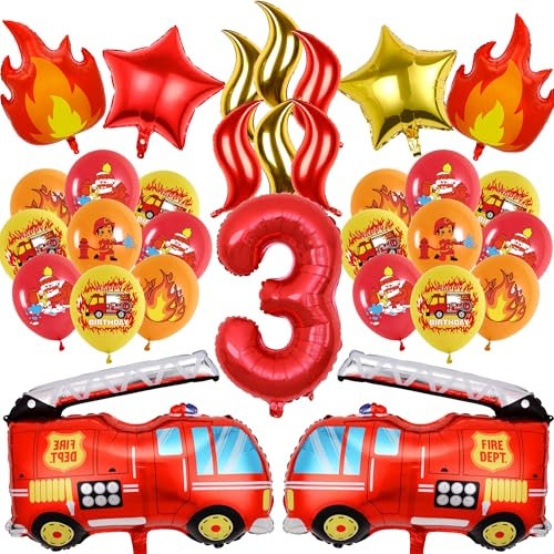 Feuerwehr Deko Kindergeburtstag 3 Jahre Jungen - 33 Stück Feuerwehrauto Luftballons, Feuerwehr Folienballon 3. Geburtstag, Feuerwehrmann Geburtstagsdeko für Junge