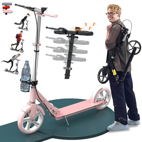 Cityroller Tretroller Erwachsene 150 kg Tragkraft, Cityroller Scooter 230 mm Räder PU Big Wheel, City Roller Kinder, klappbar und Höhenverstellbar mit Bremsen und Stoßdämpfern,Rosa
