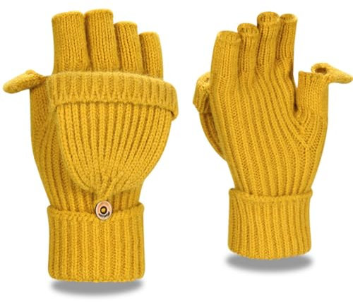 Yaopelky Fingerlose Winterhandschuhe für Damen und Herren, halbe und volle Glitzer-Strick-Fäustlinge Daumen mit Kappe, wandelbarer Thermo-Fäustling, Gelb (Daumen mit Kappe), One Size for most adults