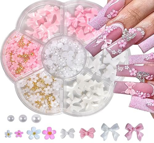 Nail Charms 2 Stück,Nail Decoration Nagelanhänger Nagel Deko 3D Nagelkunstdekoration mit Schleife,3D Acryl mit Weißen Halbperlen, Acrylnägel