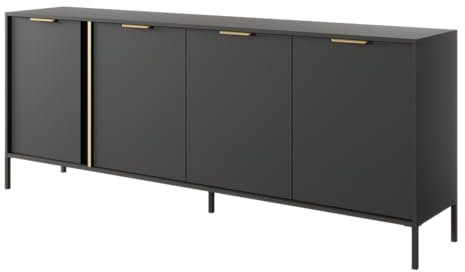 Emporius Anthrazit Kommode 200 cm Daros - Sideboard mit 4 Türen - Wohnzimmer, Gold Griffen
