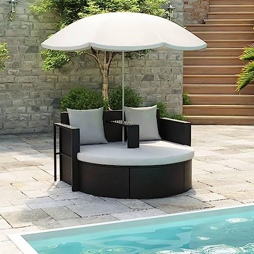 Homgoday Lit de Jardin avec Parasol Noir Résine Tressée, Bain de Soleil de Jardin, Lit de Camping pour Plage, Extérieur, Balcon, Terrasse