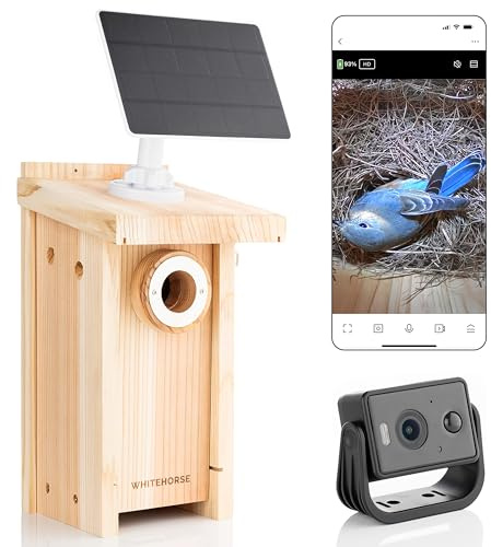 WHITEHORSE Vogelhaus mit Kamera – solarbetrieben – nehmen Sie Fotos und Videos von Ihrem Telefon auf (kostenlose App) – der Bewegungssensor benachrichtigt Sie, wenn EIN Vogel erkannt Wird