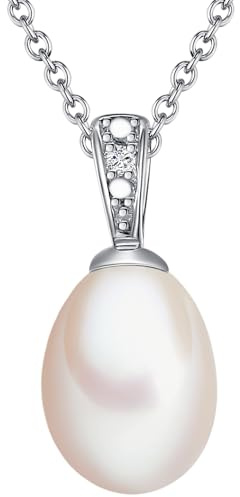 Lulu & Jane Damen Kette aus 925/- Sterling Silber mit tropfenförmig Süßwasser-Zuchtperle ca. 7,0 mm Diamant 0,1 Karat Diamanthalskette silber
