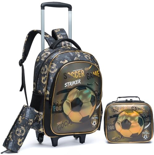 Egchescebo Rucksack mit Rollen Kinderkoffer Jungen Kinder für Koffer Schultrolley Kindertrolley Trolley Groß Schultasche Handgepäck Kindergepäck 3pcs Sätze Geeignet für Grundschüler Fußball Braun