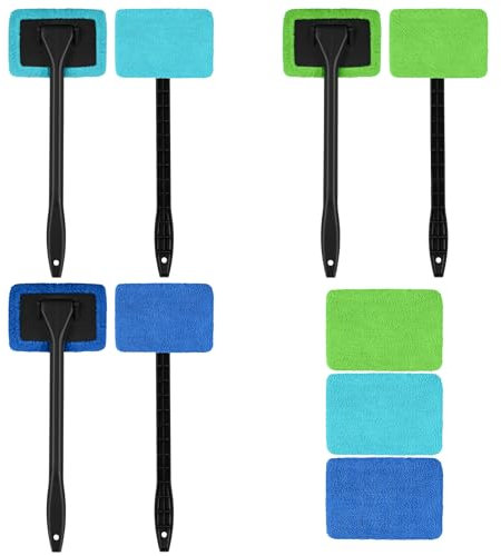 Bafeil 9 Stück windschutzscheiben Reiniger Innen, Autoscheiben Innenreiniger, 6 Stück Waschbaren Wiederverwendbaren Mikrofaserpads, 3 Stück Auto Fensterreiniger Kit Langer Stiel 180 Grad Drehbar