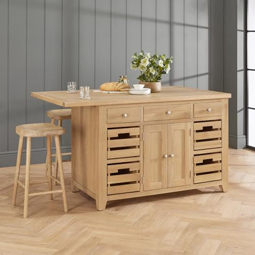 The Furniture Market Cheshire Whitewash Oak | Large Kitchen Island with Bar Table Top | 4 Seater | Full Length Drawers | 2 Door Large Cupboard | Fully Assembled | H 900mm x W 1600mm x D 1000mm