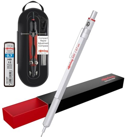 rOtring Druckbleistift, 0,7 mm, in Geschenkbox, Schnellverstellzirkel, 360 mm (kompakt) + HB 0,7 mm Minen, 600 Stück