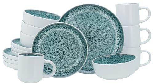CreaTable 24714, série Nordic Fjord Bleu Givre, service de table 16 pièces pour 4 personnes, service combiné en grès, compatible lave-vaisselle et micro-ondes, production de qualité