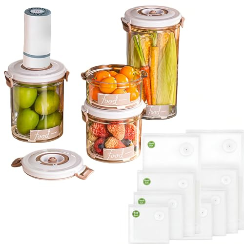 4-Pc Airtight Containers with Vacuum Sealer,Air Tight Food Storage Container vacuum,Food-Grade Plastic Storage for Cereal, Flour, Sugar, Includes 8 Reusable Bags, Kitchen & Pantry Organization