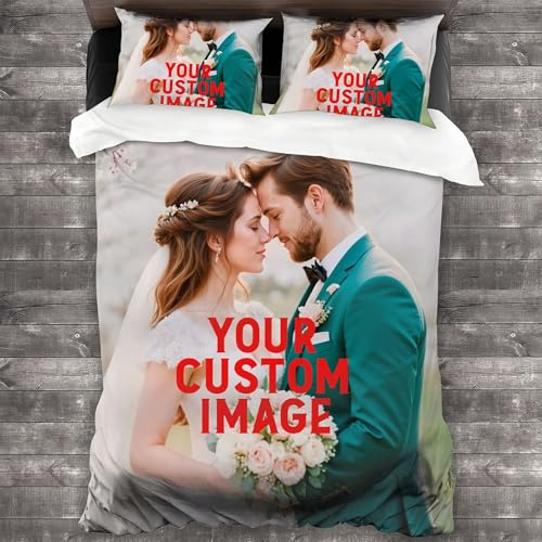 CUSMMIST Personalisierte Bettwäsche-Set:Bettwäsche Selbst Gestalten mit eigenem Foto,Bettbezug und Kissenbezüge mit Bild gestalten | Geschenk für Geburtstag,Jahrestag,pärchen