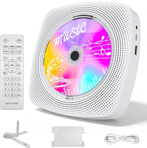 WOLFANG Lettore CD portatile WDV04 per casa e outdoor, Bluetooth con altoparlanti, batteria ricaricabile 4000 mAh, radio FM, USB, telecomando, montaggio a parete e supporto da tavolo