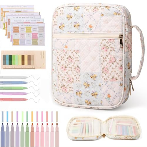 Bafutayawa Bibel Cover Case für Frauen Groß mit Organizer, Gesteppte Bibeltasche Blumenmuster & Stabile Griffe, Bibel Journaling Kit inkl. Marker & Stifte, Christliche Geschenke Damen, M Blau