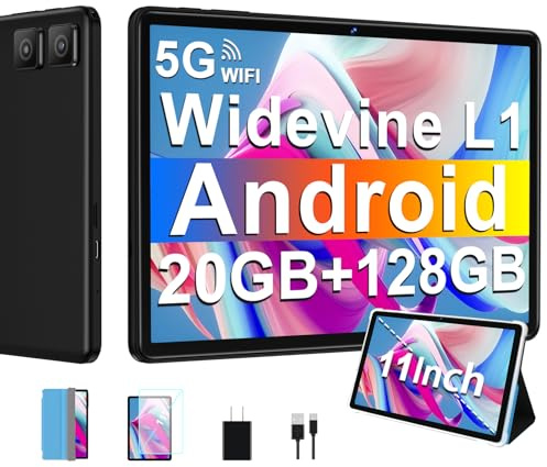 Tablette Android avec Widevine L1, 13MP+5MP, 8000 mAh + Charge Rapide 18 W, Tablette Tactile 11 Pouces avec 20 Go RAM + 128 Go ROM (Extensible 1 To), 5G Wi-Fi, GPS, Octa-Core 2.0 GHz, Face ID, Noir