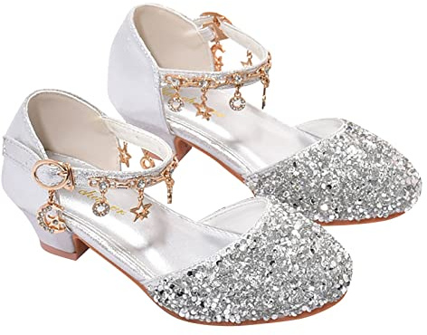 Prinsessa glitterskor flickor klackskor kristallskor med rosett bröllopsskor med ankelrem glitter pumps eleganta högklackade skor bekväma bröllopsskor för fest