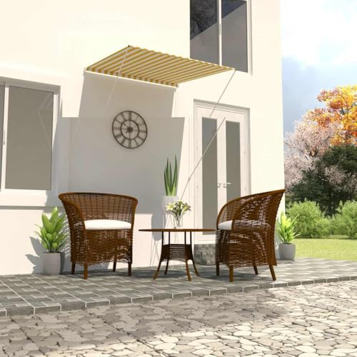 YunCangg Toldo retráctil de 100 x 150 cm, color amarillo y blanco, resistente a la intemperie, resistente a los rayos UV, impermeable, manivela para jardín, balcón, terraza, ventana, exterior