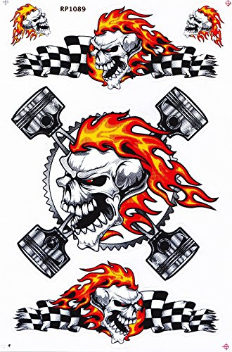 JAB Aufkleber Sticker Totenkopf Flammen Kolben Zielflagge Biker 1 Bogen 26,5 x 17,5 cm (Variante 1)