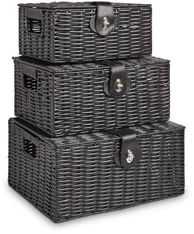 Vencier Set of 3 Resin Woven Storage Basket Box with Lid & Lock, Black, Large, Medium, Small (Black)