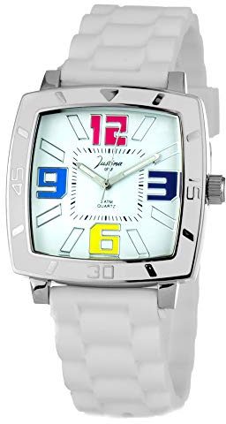 Justina Unisex Adult Analogue Quartz Wrist Watch with Rubber Strap, White, 40 mm, Stripes