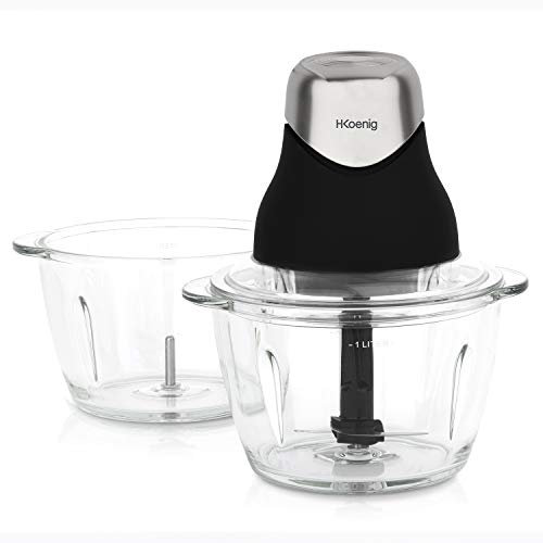 H.Koenig Mini Tritatutto elettrico Nero opaco LEO9 2 Ciotole di vetro graduata resistente 1L Lame in acciaio inox, facile da usare, verdure, spezie, frutta secca, coperchio per conservazione