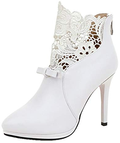 MISSUIT Damen High Heels Stiefeletten Stiletto Ankle Boots mit Spitze und Schleife Reißverschluss Hinten(Weiß,41)