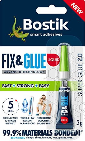 Bostik Fix & Glue Liquid, Ultra-Strong, Fast-Setting Super Glue, Bonds 99.9% of Materials, Solvent Free, 3g Tube