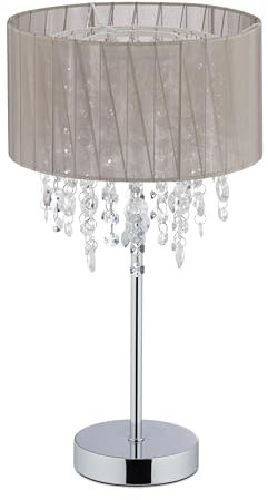 Relaxdays Tischlampe Kristall, Lampenschirm aus Organza, runder Standfuß, Nachttischlampe, HxD: 43 x 24 cm, grau/silber