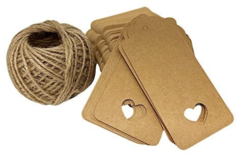 Dorman & Walsh 100 PCS Brown Gift Tags + 30 Meters Twine, Heart Cut Out Shape for Christmas, Valentines, Paper Tags with Hemp String, 4.5cm x 9.5cm Heart Cut Out Wedding Favor Name Tags Card