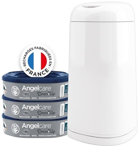 Angelcare - Cubo de basura con pañales y 3 recargas, antiolores/gran capacidad, antibacteriano, uso simple, vestido para arriba, color blanco