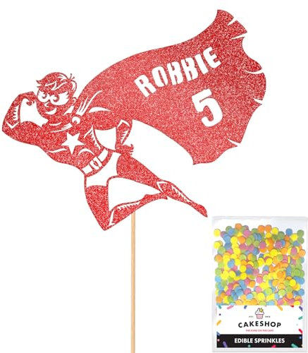 Personalised Superhero Comic Glitter Cake Topper- Red Any Custom Age & Name Glitter Cake Decoration and Sprinkles - Happy Birthday Decorations - Personalised Toppers for Cakes by Cakeshop